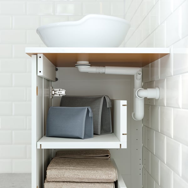 TÄNNFORSEN / VÄSTERSJÖN Wash-stnd w doors/wash-basin/tap, white/white marble effect, 62x49x79 cm