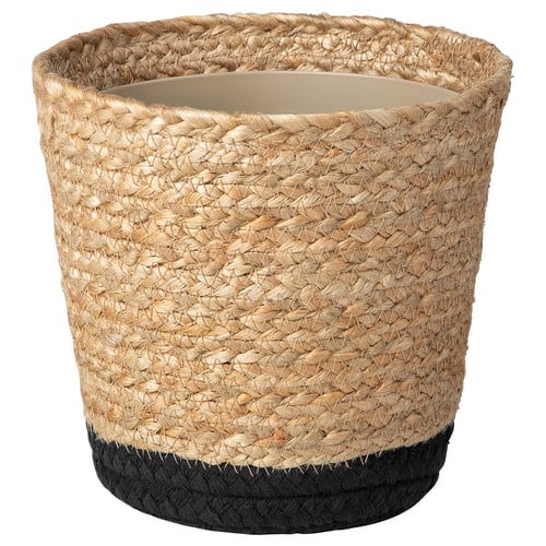 TÄRNMÅS natural jute plant pot with dark base, cylindrical shape, handwoven design.