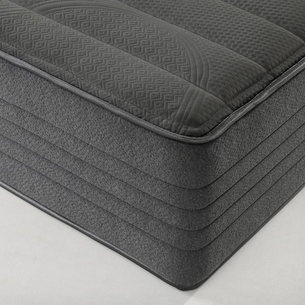 Dark, high-quality mattress with quilted patterns and firm edges; shows robust construction.