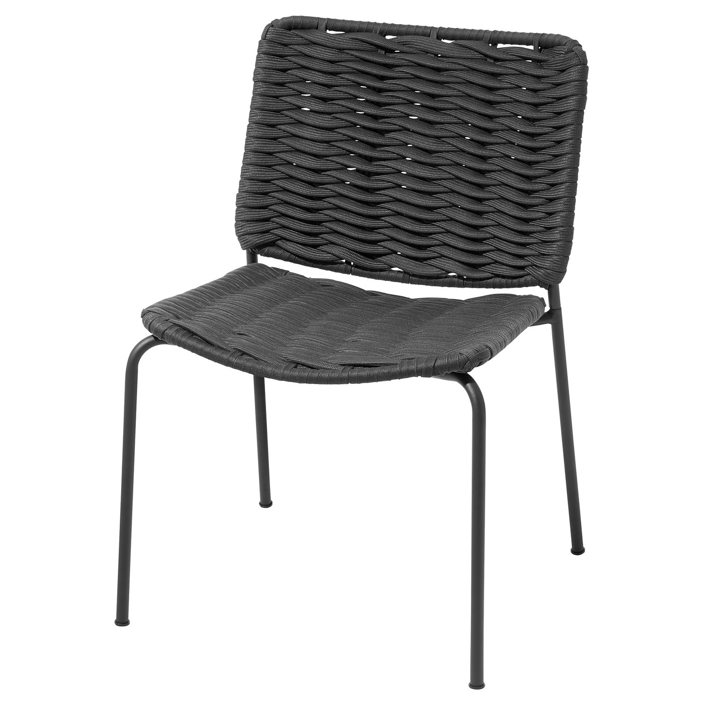 Tegelon chair: black, wavy rope seat, metal legs, outdoor/indoor use, stackable, lumbar support.