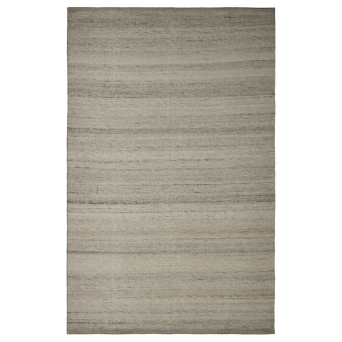 A grey TIDTABELL rug, rectangular, woven with cotton and wool, featuring horizontal stripes.