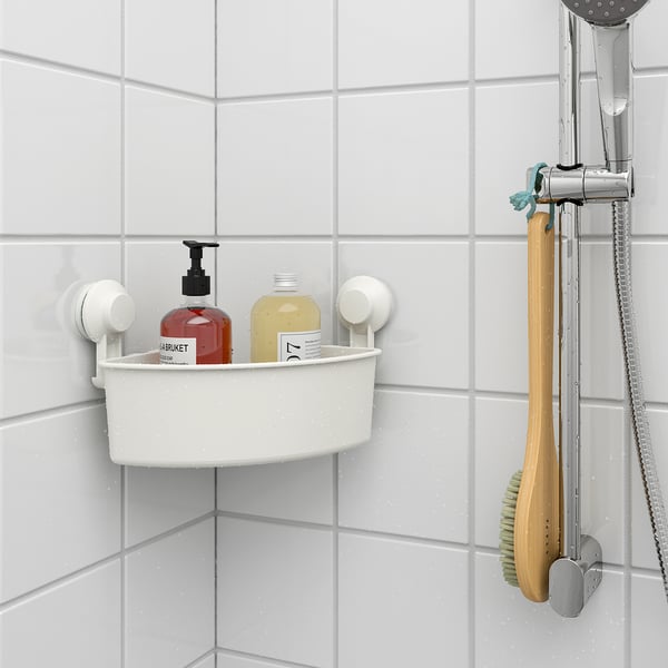 TISKEN Corner shelf unit with suction cup, white