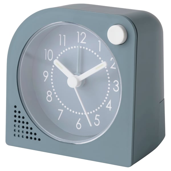 Green TJINGA clock: rectangular, curved top, white nums & hands, grey face, plastic, minimalist