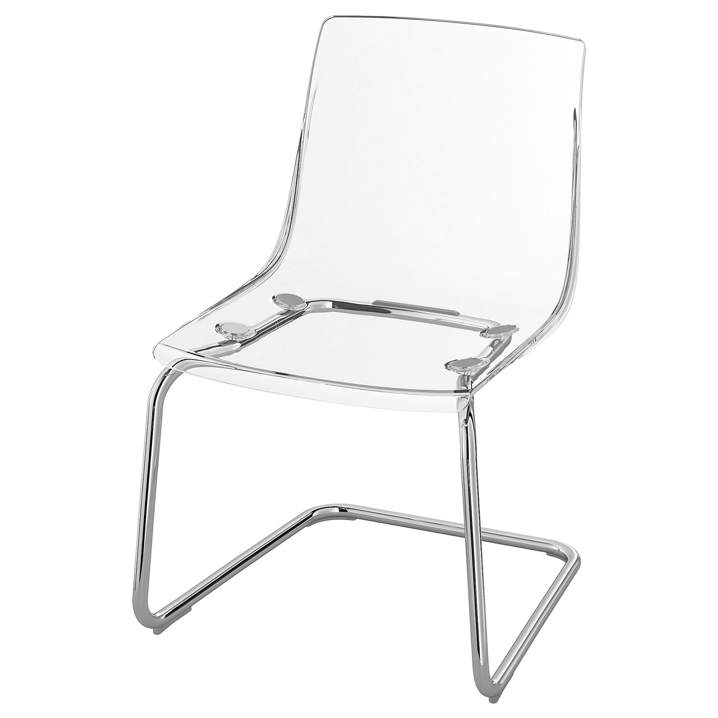 TOBIAS: clear acrylic chair with chrome base; sleek, modern design.