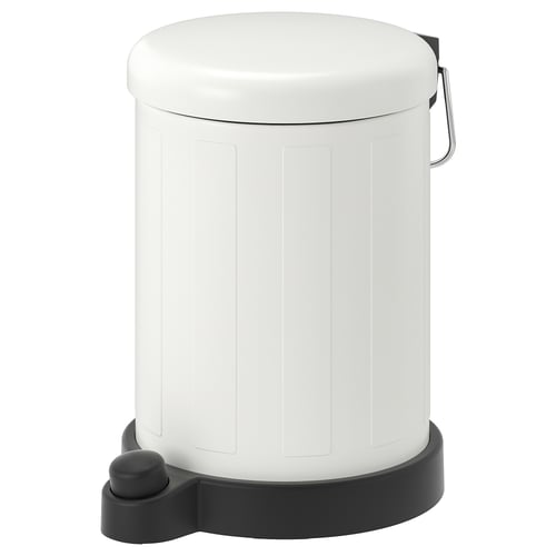 TOFTAN white pedal bin, round, steel, plastic base, black pedal, sleek design.