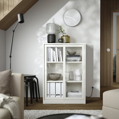 TONSTAD Cabinet with sliding glass doors, off-white, 81x37x116 cm