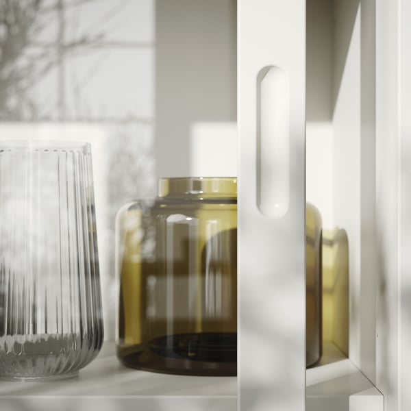 TONSTAD Storage comb w sliding glass doors, off-white/clear glass, 243x47x201 cm