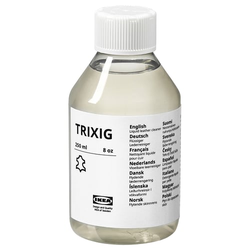 Plastic TRIXIG bottle with 250ml leather cleaner from IKEA.