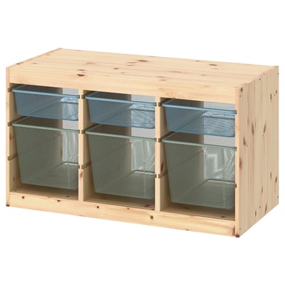 TROFAST Storage combination with boxes, light white stained pine grey-blue/light green-grey, 93x44x52 cm