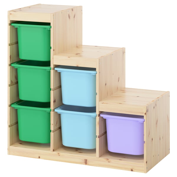 TROFAST Storage combination with boxes, light white stained pine/multicolour, 94x44x91 cm