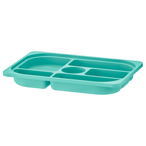 A TROFAST storage tray in turquoise. It has multiple compartments for organising small items, made of recycled polypropylene.