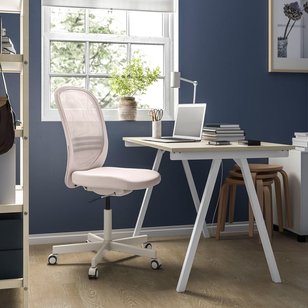 TROTTEN / FLINTAN Desk and storage combination, and swivel chair white/beige