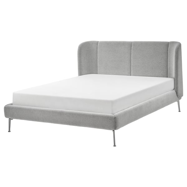 Modern grey upholstered bed, curved headboard, metallic legs, eco-friendly materials.