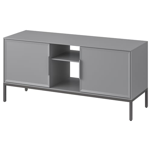 A grey TULLSTORP tv stand with metal legs and bevelled doors, combining open and closed storage for organised cable management.