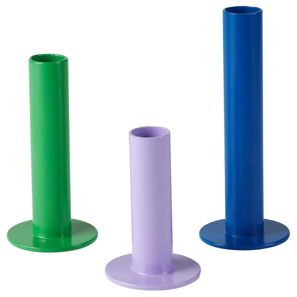 Three colourful steel candle holders in green, purple, blue by hagberg siblings for IKEA.