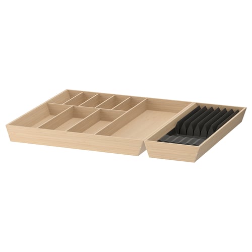A light brown wooden UPPDATERA cutlery organiser with multiple compartments and a black plastic knife rack.
