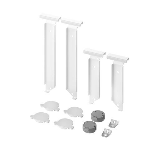 A set of white UTRUSTA kitchen storage fittings with metal parts, including brackets and connectors, designed to create pull-out cabinets.