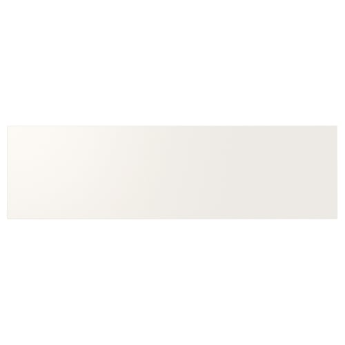 A white, rectangular UTRUSTA drawer front made of fibreboard with a smooth, lacquered finish. Its designed for clean, uniform storage.