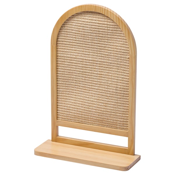 A light brown UTSÅDD cat scratching board. Its an arched wooden frame with natural sisal material, ideal for cats to sharpen claws.