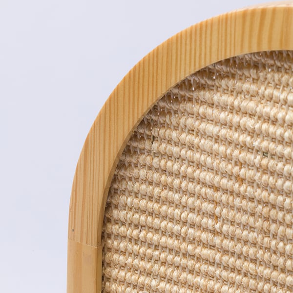Close-up of a wooden cat scratcher, showcasing its robust natural fibres and smooth, durable finish.