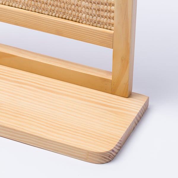 A durable wooden cat scratcher with sisal surface.