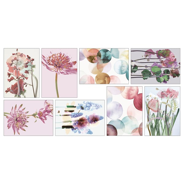 Vaxbo art cards set: seven floral designs in soft pastels. Various flowers and abstract patterns. Perfect for wall decor.