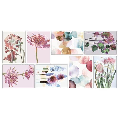 Vaxbo art cards set: seven floral designs in soft pastels. Various flowers and abstract patterns. Perfect for wall decor.
