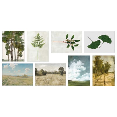 VÄXBO art cards set: 7 unique nature prints on white paper, various green hues, rectangular shape. Perfect for customizable home decor.
