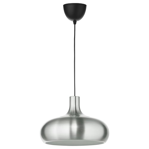 A VÄXJÖ pendant lamp in silver with a black ceiling cup. It has a minimalist design and a smooth, rounded shade made of aluminium.