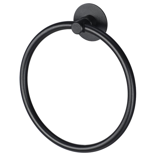 A black VALASJÖN towel ring. This round, matte-finished ring is designed for wall mounting. It offers a simple and functional traditional style.