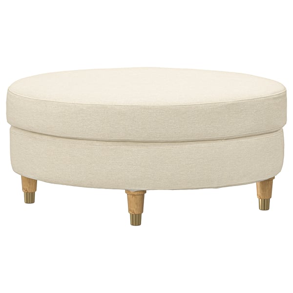 Circular valnas ottoman, cream, recycled fabric, wooden legs.