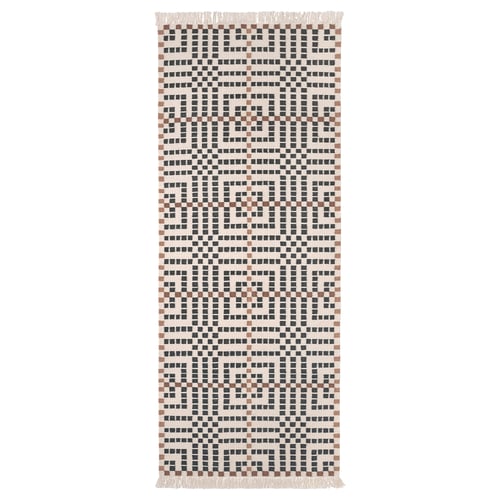 The VAMDRUP rug, handcrafted in white, black, and brown tones, a traditional scandinavian weave pattern, ideal for hallways or bedrooms.