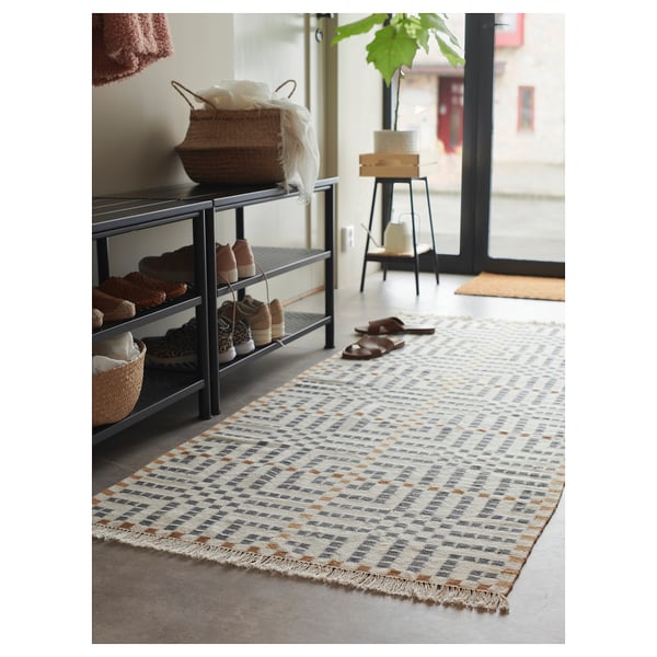 Handcrafted VAMDRUP wool rug with diamond pattern, adding warmth to hallways & rooms, durable & soil-resistant, brown, ivory, grey.