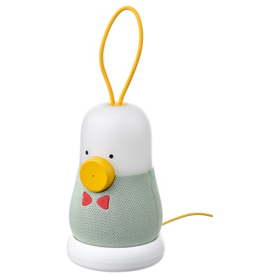 A white VAPPEBY speaker lamp with a yellow handle and red, heart-shaped accents, made of polycarbonate plastic and polyester, designed for children.