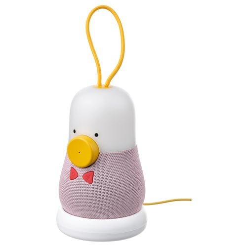 VAPPEBY speaker, white with pink, playful design, yellow accents, round shape, suitable for kids, with a loop for carrying.