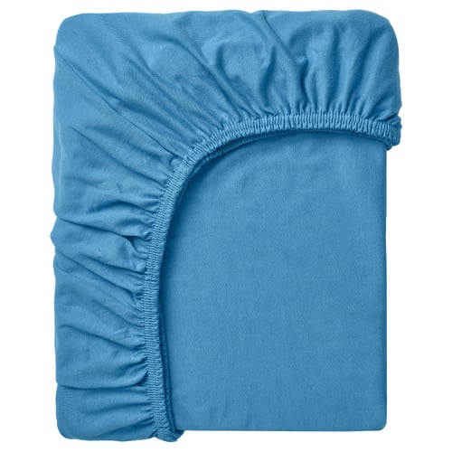 A blue VÅRVIAL cotton fitted bed sheet; rectangular, textured, with elastic edges.