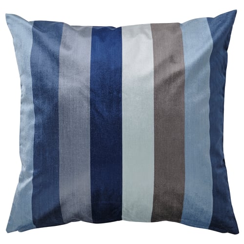 A VATTENVÄN cushion cover with blue and grey stripes. It is square-shaped with a soft, shiny velvet surface.