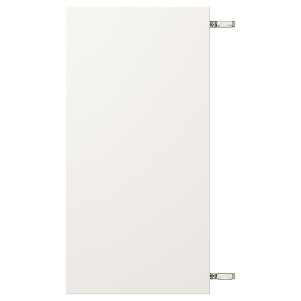 Depicts a VEDDINGE white cabinet door with nickel-plated hinges.
