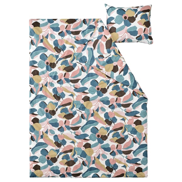 Vibrant leaf-patterned duvet set, multi-color, cotton-lyocell blend, rectangular with pillow.