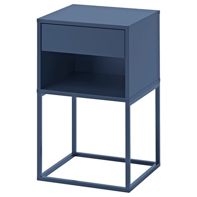 A blue VIKHAMMER bedside table with a drawer and open shelf, supported by a metal frame.