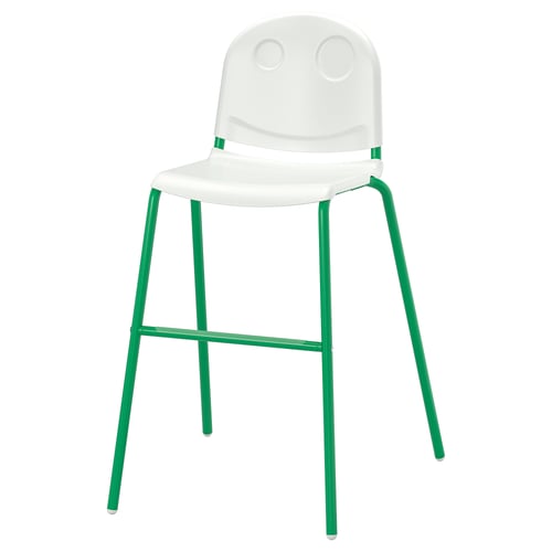 A white and green junior chair called VILDGÅS with a smiley face design, made for kids.