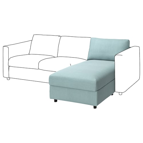 A modern light blue sofa with a chaise lounge. Minimalist, clean lines, and removable covers.