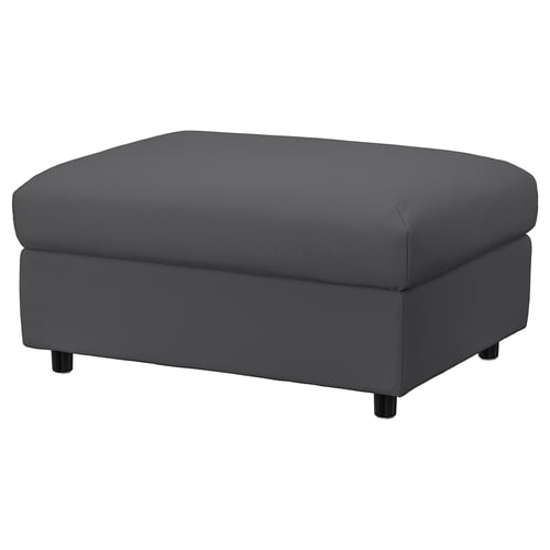 Modern grey fabric stool; square seat, rounded edges, four black feet.