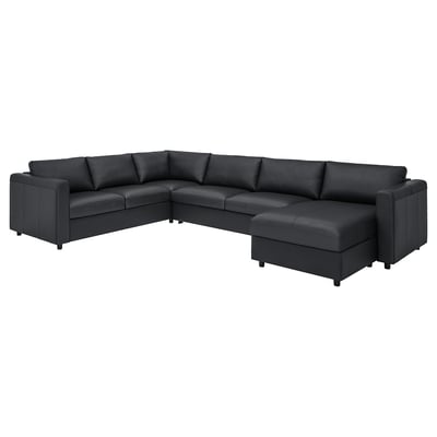 Dark grey l-shaped VIMLE sectional sofa with storage chaise and leather upholstery.