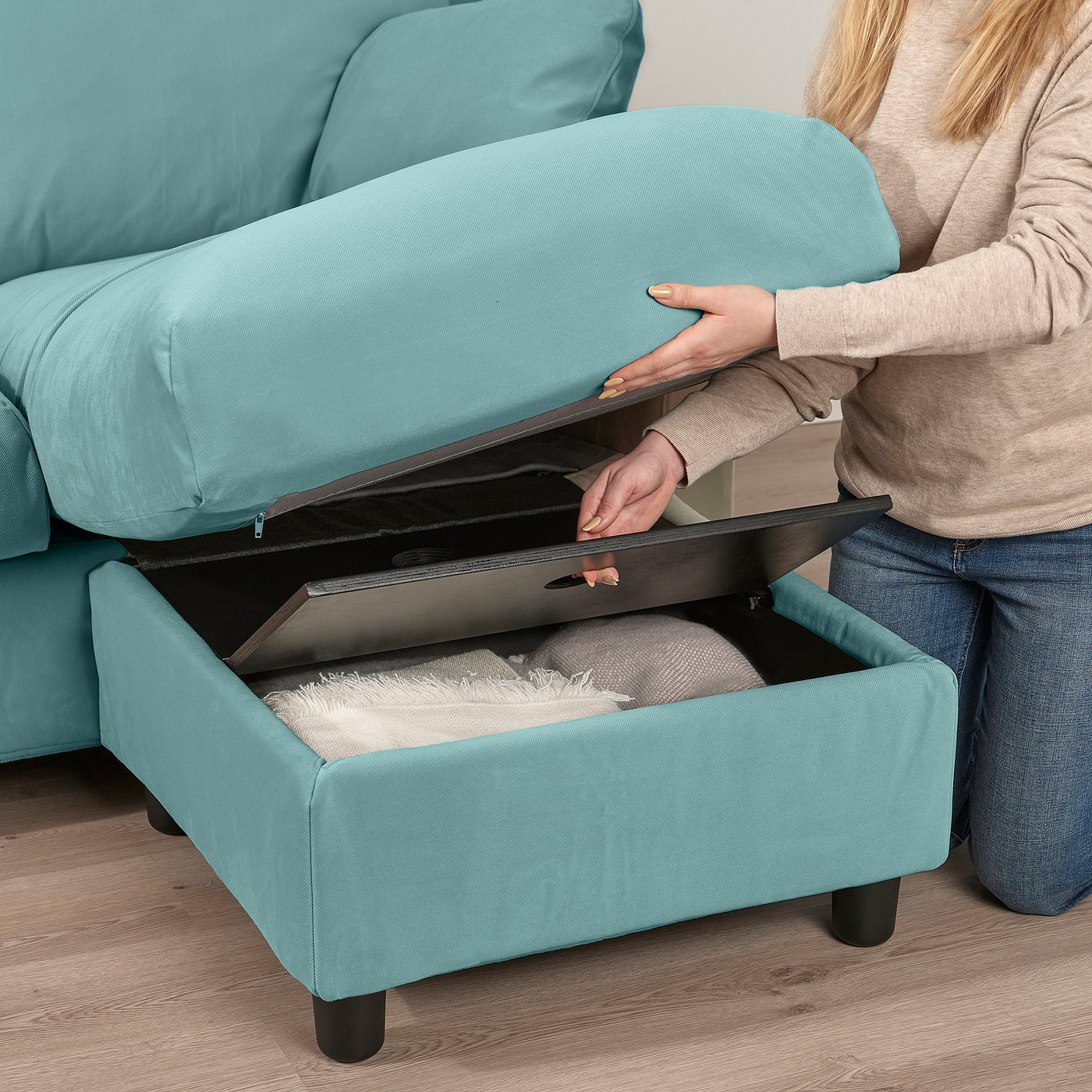 VINLIDEN 3-seat sofa with chaise longue, Hakebo light turquoise - IKEA