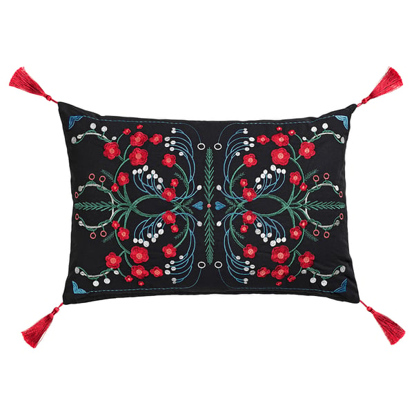 Black VINTERFINT cushion, red embroidered flowers, red tassels.