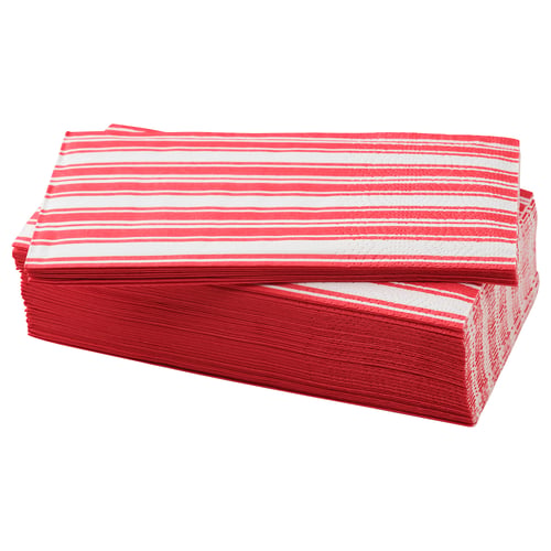 Stack of red and white striped paper napkins, rectangular shape, neat pile.