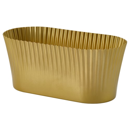 Golden rectangular metal planter with vertical ridges, shiny finish, modern design.