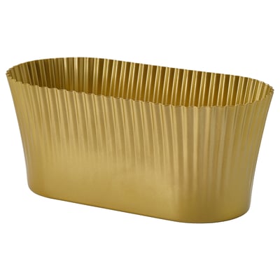 Golden rectangular metal planter with vertical ridges, shiny finish, modern design.