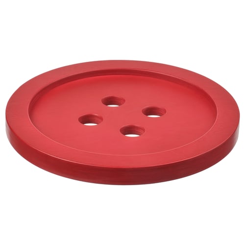 A red, circular VINTERFINT button with four holes, made from birch plywood and veneer, finished with clear lacquer.
